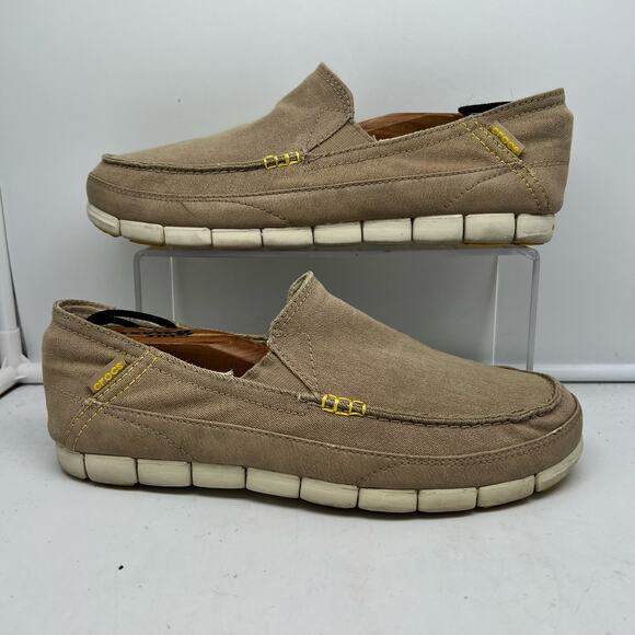 Crocs Shoes Mens 9 Stretch Sole Loafers TanSlip On Canvas Comfort 14773 - Picture 1 of 8